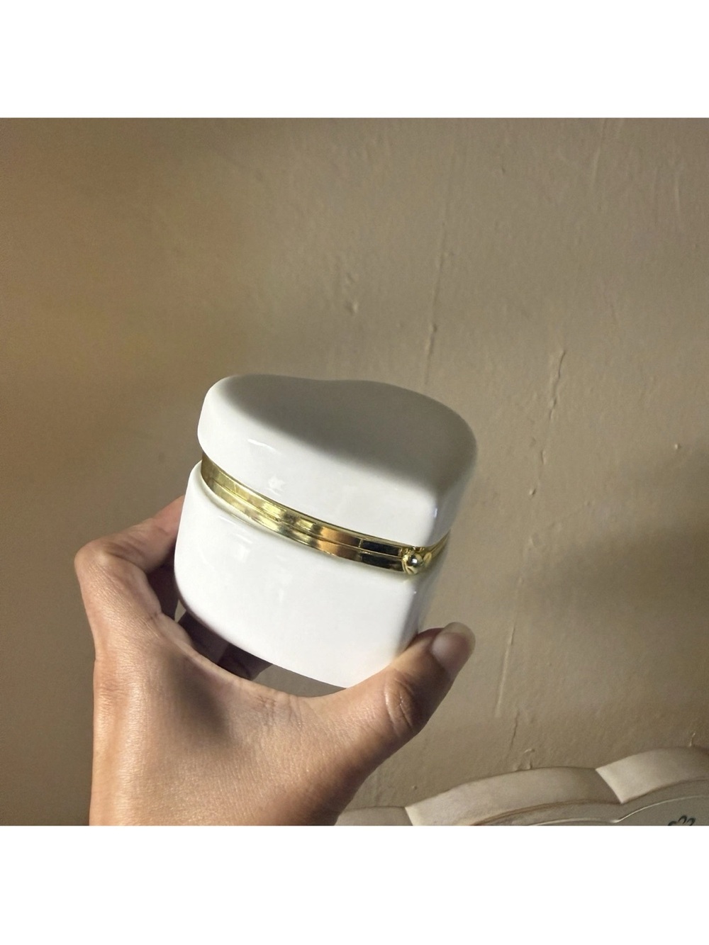 White Ceramic Heart Trinket Box Gold Accent glass gift her bday jewelry A7